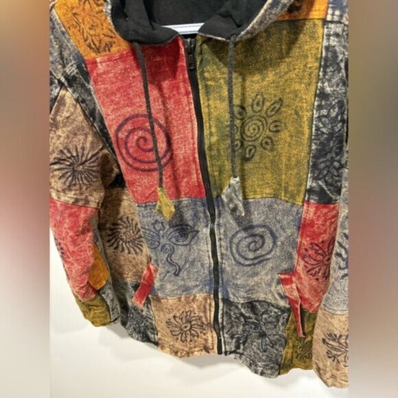 Hippie Boho Vintage Retro Cotton Symbols Fleece Lined Jacket Festival Nepalese - Picture 5 of 11